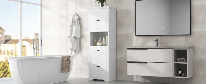 Tall Bathroom Cabinet with Four Doors, Large Storage Space Open Shelve, Upper Storage Cabinet, White